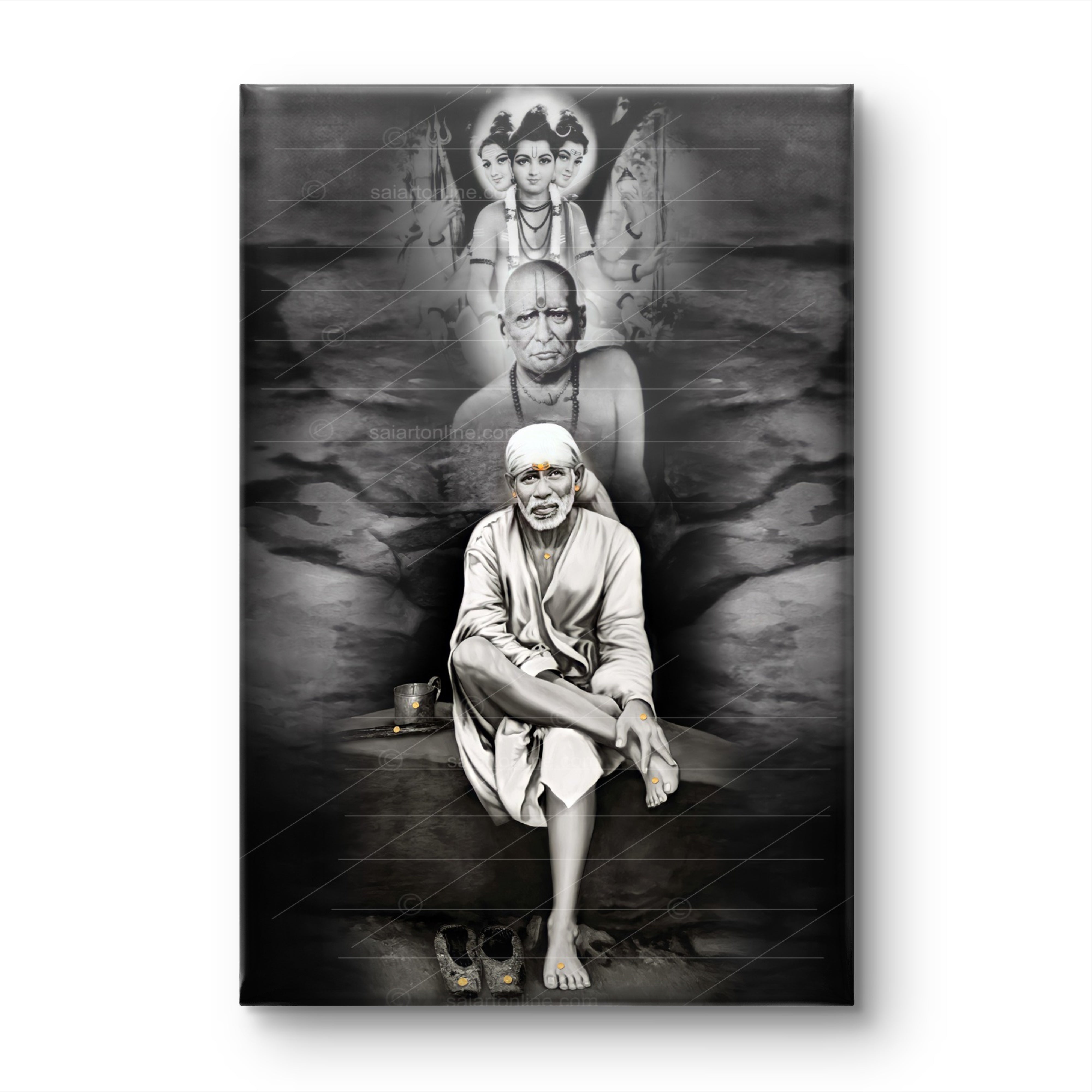 Shirdi Sai Baba Photo Sitting On Stone Hand Painting Canvas Reprint Wall Art Decor photo, Picture/Poster